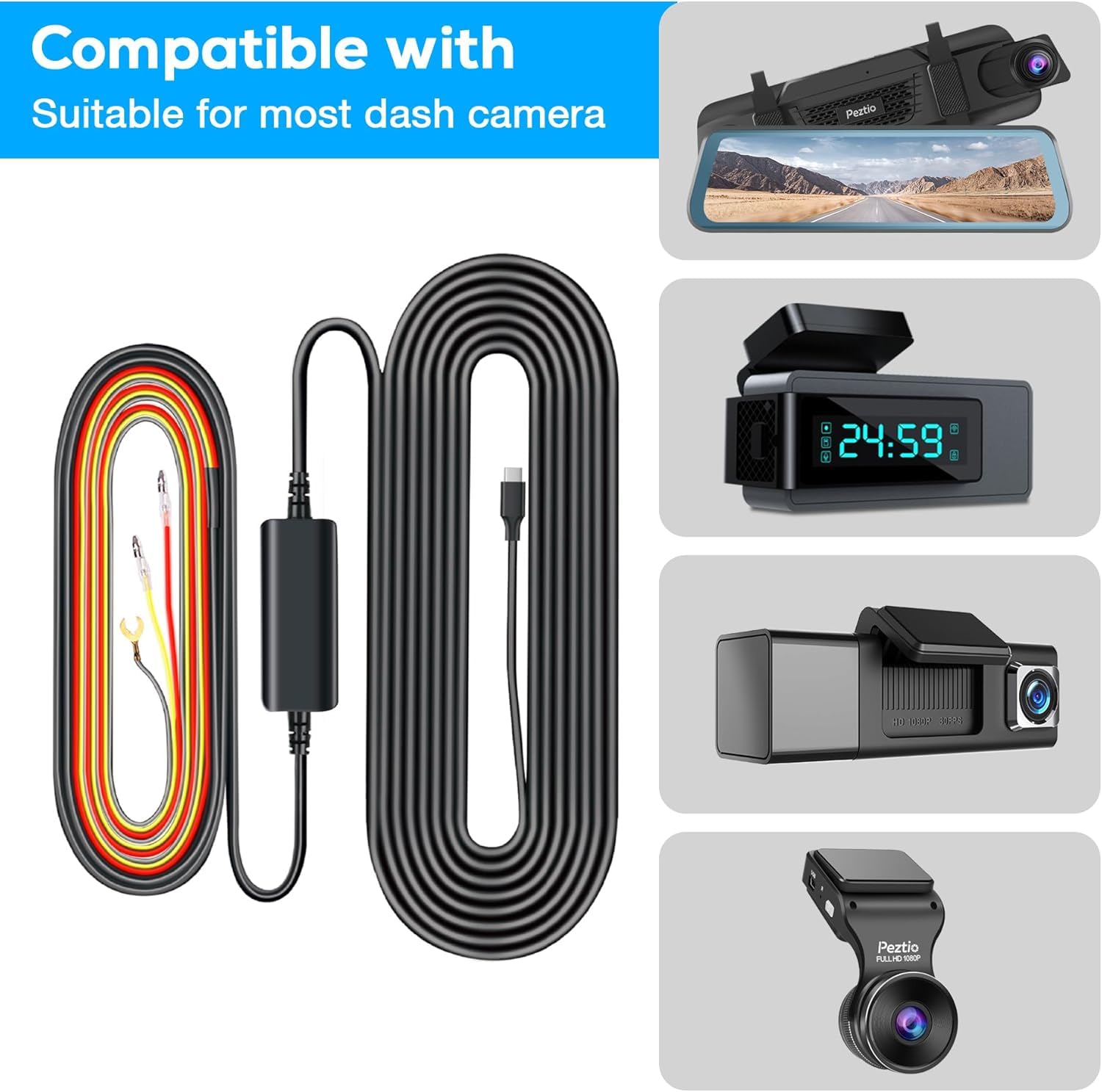 Amazon.com: Keyroo Type C Hardwire Kit for R4 Dash Cam, 3 Lead